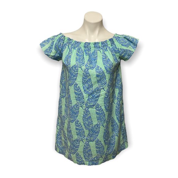 Vineyard Vines XS Green Palm Print On Off Shoulder Cotton Linen Shift Dress - Picture 2 of 6